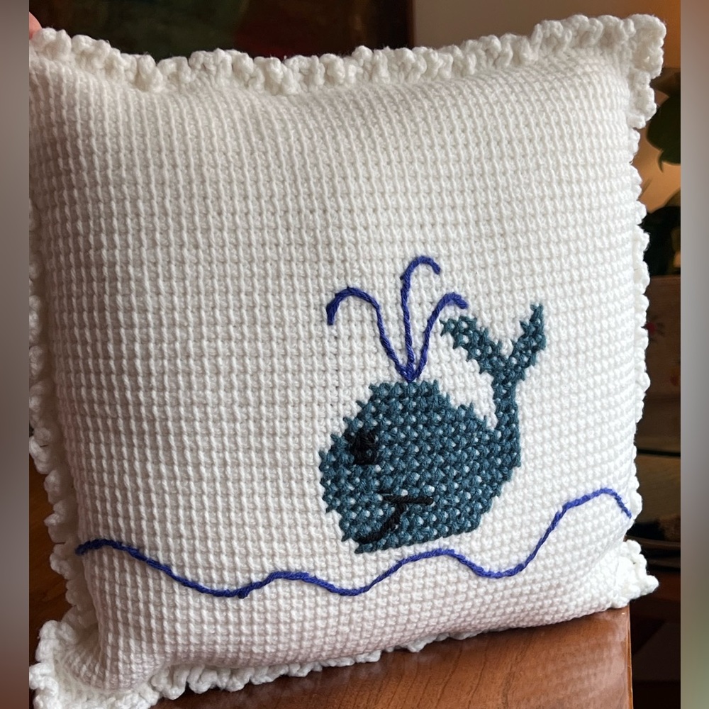 Whale Embroidered White Accent Pillow
